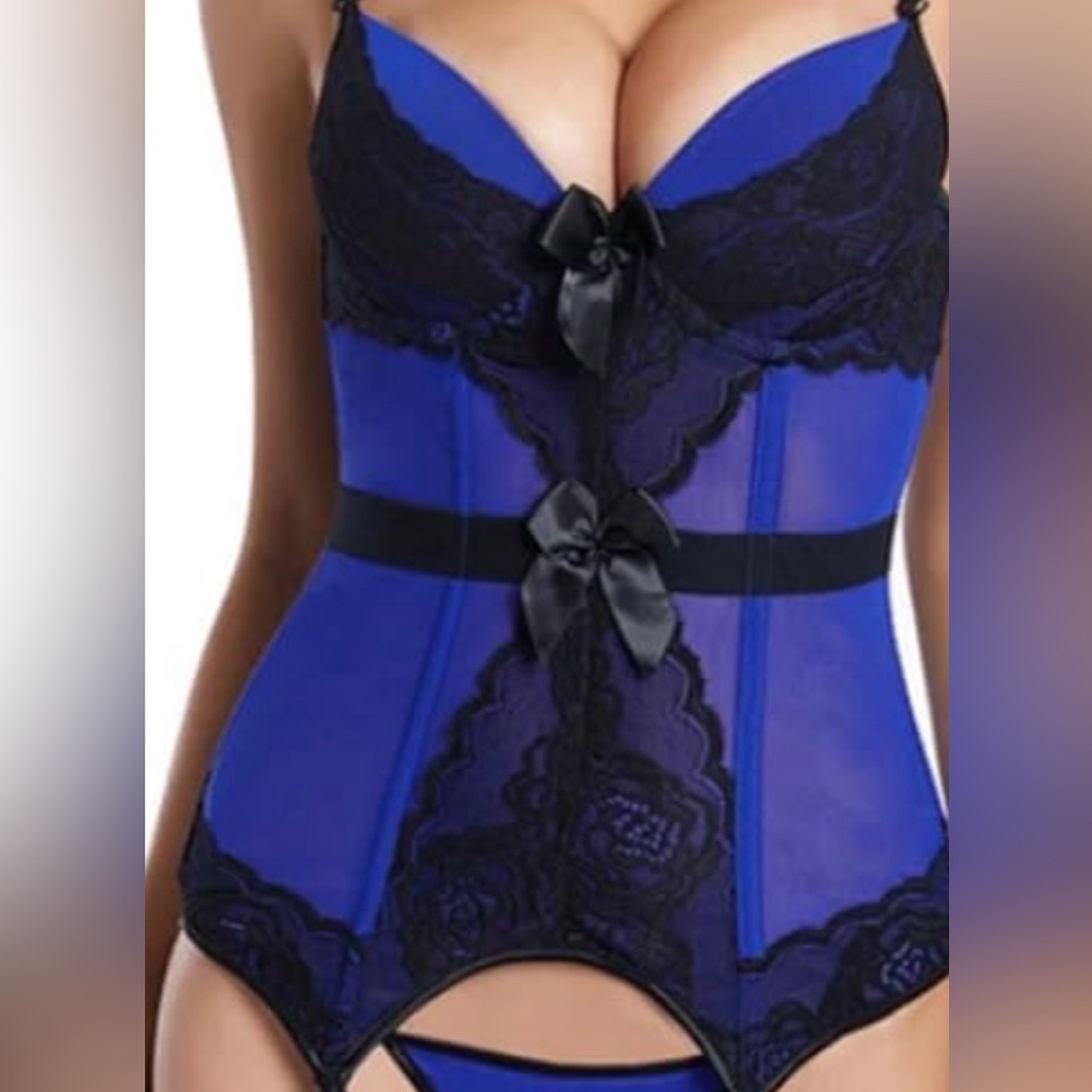 Stunning Royal Blue & Black Lace Corset Top with Garters - Sexy Lingerie Bustier
